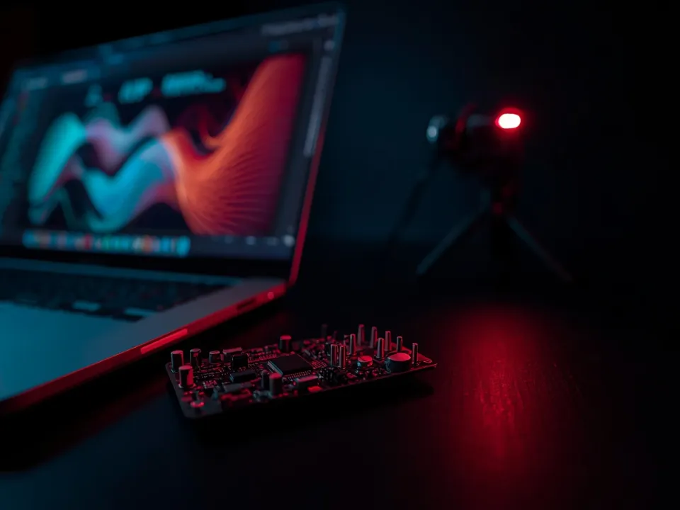 A circuit board beside a laptop showing generative graphics, a depth camera glowing red behind