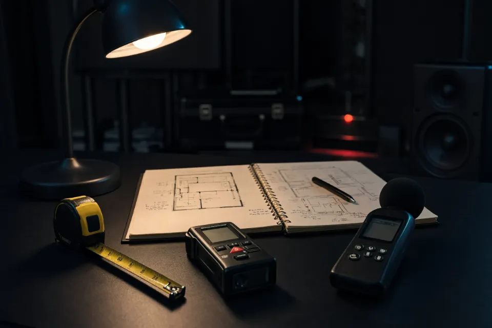 A tape measure, laser meter, sound level meter and a sketchbook of room plans under a desk lamp