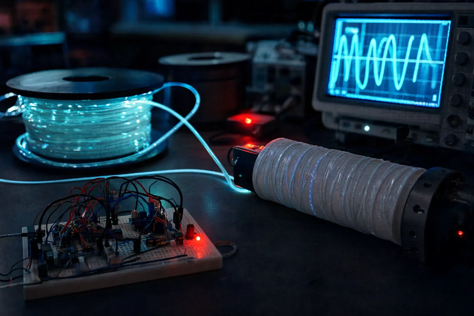 An electronics bench with breadboards, a spool of fibre-optic cable and an oscilloscope trace