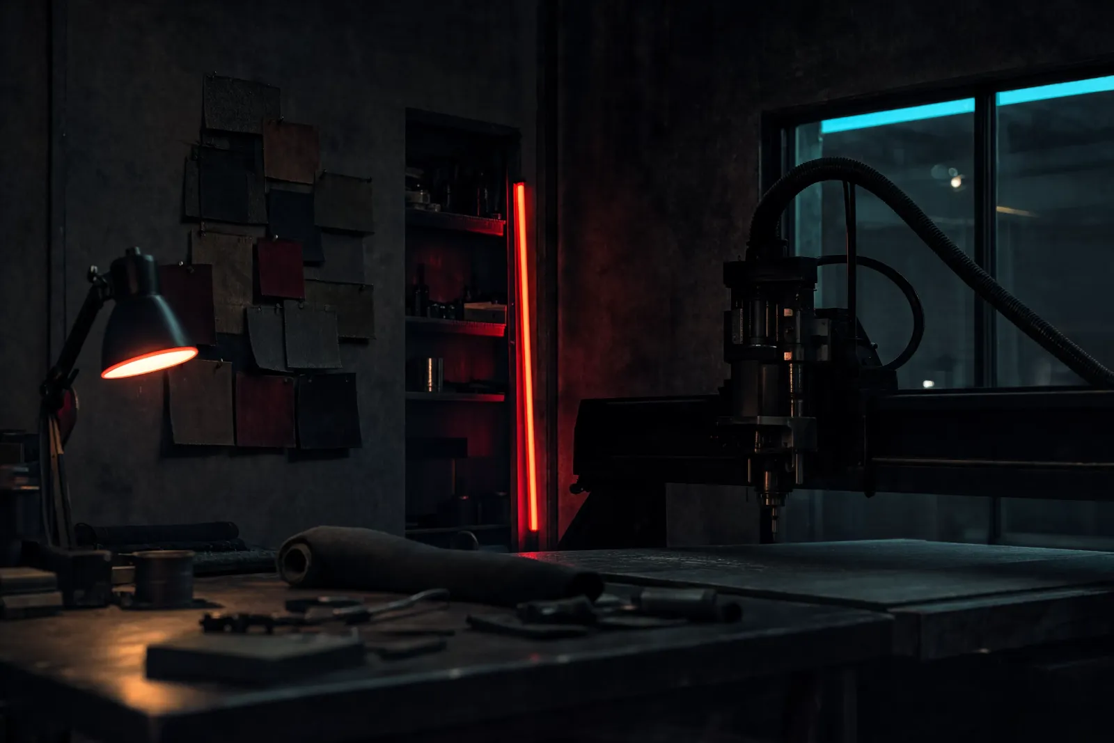 A workshop with a CNC router, a lamp-lit workbench and material samples pinned to the wall